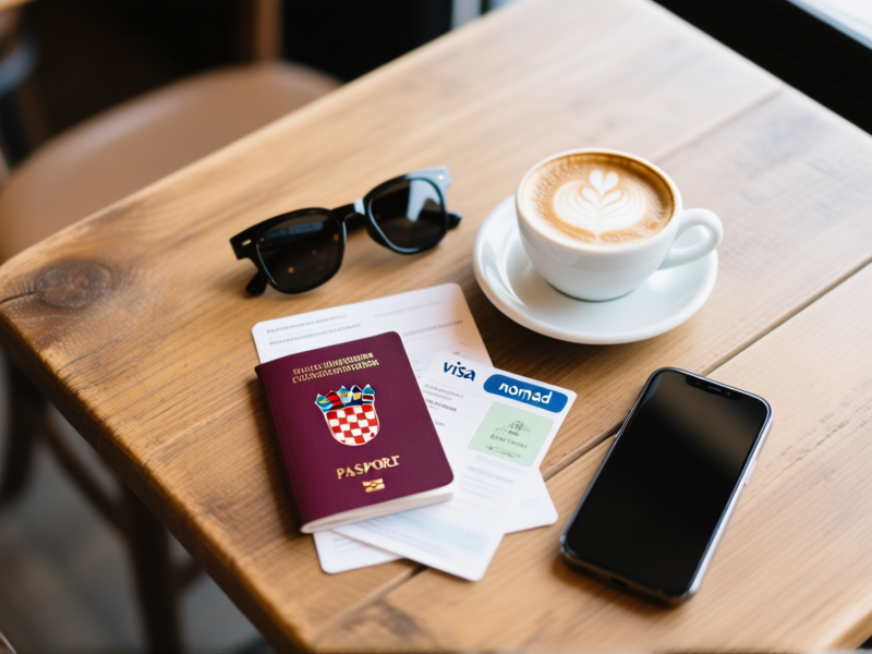 [AI IMAGE PROMPT: Minimalistic flat lay from above on a rustic wooden table in a Croatian cafe. A Croatian passport and digital nomad visa document lying neatly next to a cappuccino, sunglasses, and a modern smartphone. Clean, bright lighting, sharp focus. Commercial lifestyle photography]