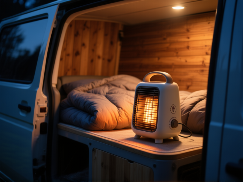 Midjourney prompt: A small, safe ceramic space heater on a stable, non-flammable surface inside a van. Warm glow illuminating a cozy sleeping bag and wood paneling. Night scene, cinematic lighting, sharp focus on the heater's safety features, hyper-realistic --ar 16:9