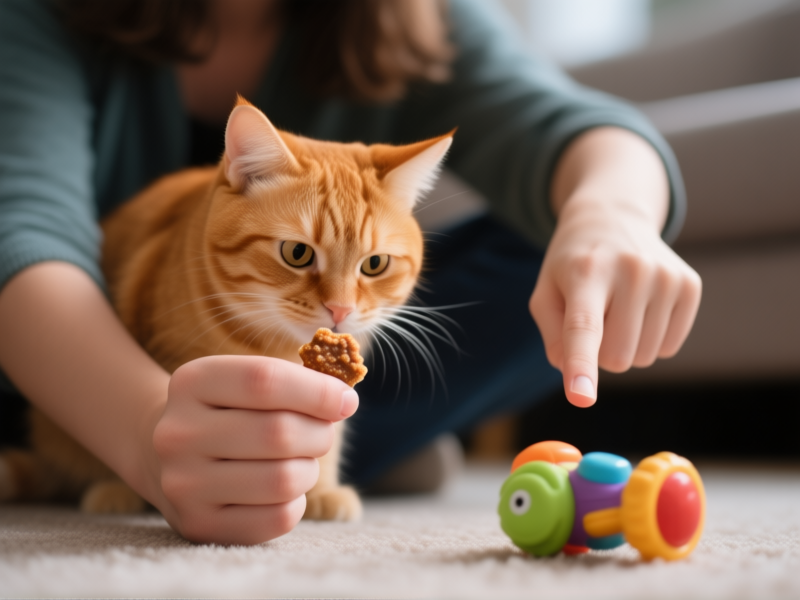 Midjourney Prompt: A person's hand with a treat held in a closed fist, a curious ginger cat sniffing the hand. The person's other hand is pointing to a nearby engaging toy, creating a clear visual choice. Sharp focus on the cat's intrigued expression. Photorealistic detail, shallow depth of field. --ar 16:9