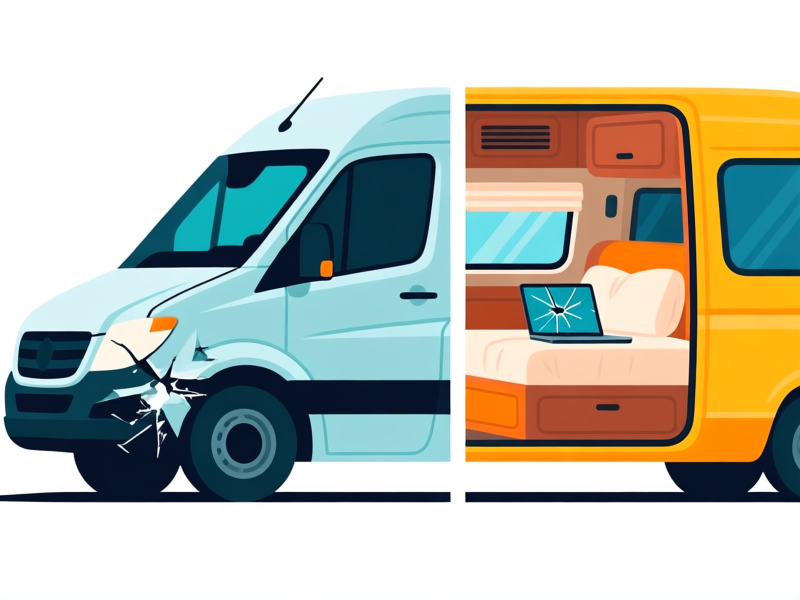 Midjourney Prompt: A split-image infographic style. Left side: A sleek sprinter van with a minor dented fender (collision). Right side: The cozy interior of a van showing a cracked laptop on the bed (comprehensive). Clean, graphic illustration, vector art style, bright colors, white background. --ar 16:9 --v 6.0