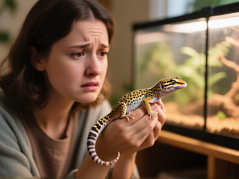 Realistic photo of a concerned person gently holding a leopard gecko, looking at its tail, shallow depth of field, warm home terrarium background --ar 4:3