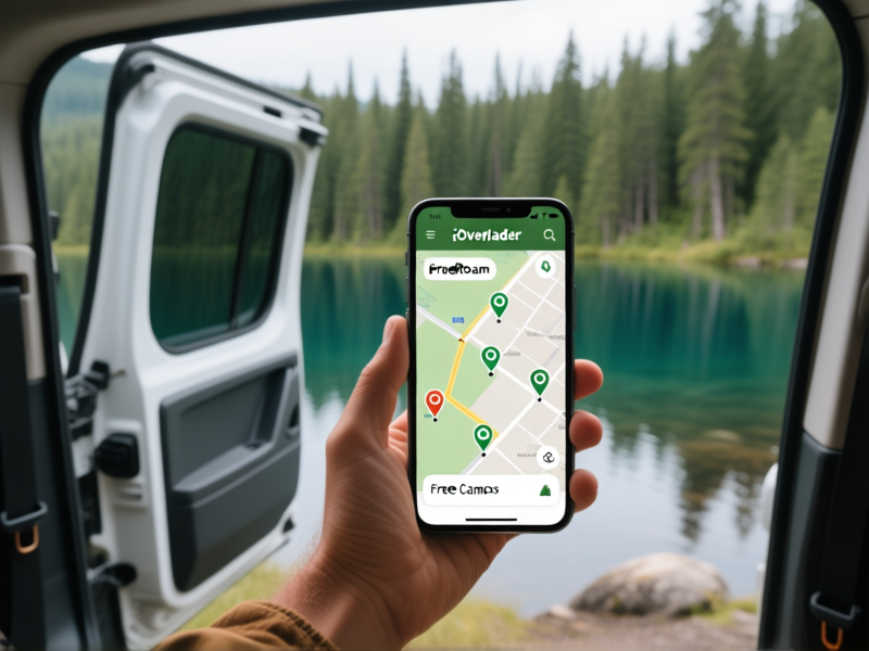 A hand holding a smartphone, screen showing a map app like iOverlander or FreeRoam, with pins for free campsites. In the background, a van door is open to a stunning forest lake. Detailed, focused, modern adventurer aesthetic.