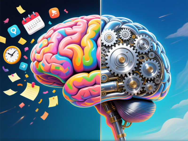 Digital painting of a human brain, one half is colorful and chaotic with icons of calendars, clocks, and reminder notes flying out, the other half is serene, mechanical, and made of polished chrome gears working perfectly, surrealism, detailed, vibrant --ar 16:9