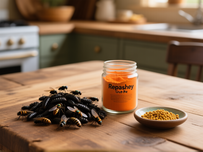 Midjourney prompt: A rustic wood table, a small glass jar with vibrant orange Repashy Grub Pie powder next to a pile of dried black soldier fly larvae and a small dish of bee pollen, warm cozy kitchen lighting, shallow depth of field, photorealistic, texture-focused --ar 16:9
