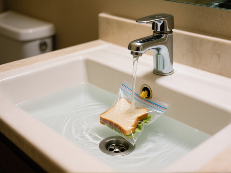sink washing hack --ar 16:9 --style raw --v 6.0 A detailed shot of a hotel bathroom sink. The drain is plugged not with a traditional stopper, but with a small, clear resealable plastic bag (like a sandwich bag) filled with water, creating a perfect seal. A t-shirt is submerged in the water. The scene is practical and slightly ingenious.