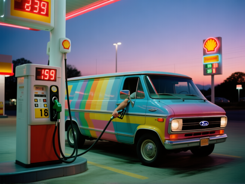 Midjourney Prompt: A vintage Ford van with a colorful paint job filling up at a neon-lit gas station at dusk, pump handle in hand, price display blurred but visibly high, cinematic shot, wide angle --ar 16:9