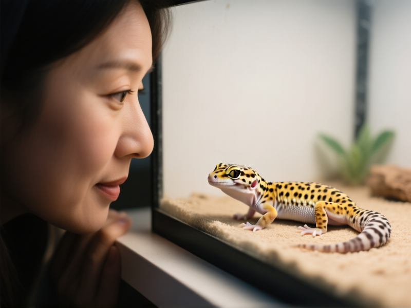 A concerned person gently observing a leopard gecko inside a sparse, minimally decorated terrarium. The gecko is tucked in a corner. Soft focus, empathetic mood, realistic photography. --ar 16:9