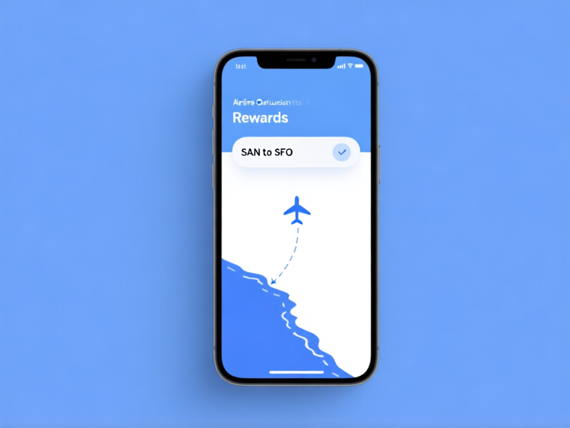 Stable Diffusion prompt: A minimalist graphic of a smartphone screen showing a clean airline rewards app. A single tap selects 'SAN to SFO'. Clean interface, calming blue and white colors, digital arrow showing a simple flight path down the coast. Conceptual, clean, modern design --ar 4:3 --style raw