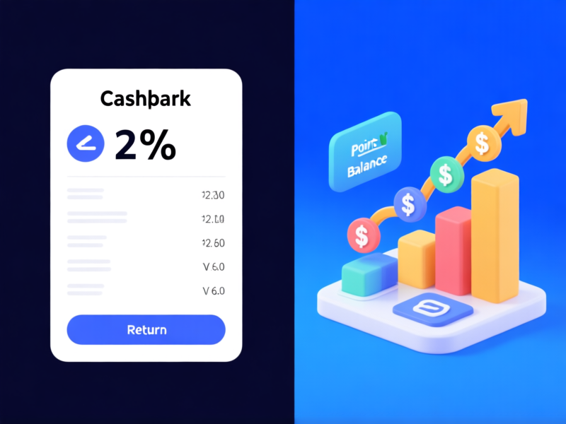 Split-screen image: Left side shows a minimalist cashback statement with 2% return highlighted. Right side shows a vibrant, dynamic infographic of points flowing from spending categories to a growing point balance, 3D animation style, clean vector graphics --style raw --v 6.0