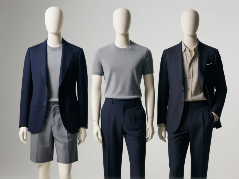 Hyper-realistic editorial fashion shot, three mannequins displaying outfits: 1) A tailored navy blazer over a grey merino tee and chino shorts, 2) The same tee with tailored trousers, 3) Blazer with trousers and a linen shirt. Neutral color palette, studio lighting, crisp details, professional, vogue style --ar 4:5
