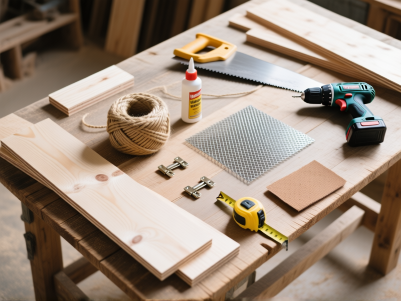 Professional flat-lay photo, top-down view on a rustic wood workshop table. All materials for the project are neatly arranged: pre-cut birch plywood, pine boards, a roll of sisal rope, stainless steel mesh panels, small hinges, a cordless drill, a saw, wood glue, sandpaper, and a tape measure. Soft daylight, shallow depth of field. --ar 16:9 --style raw