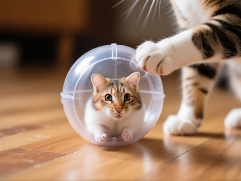 Close-up of a cat's paw gently batting the outside of a thick, clear plastic hamster ball on a hardwood floor, hamster visible safely inside looking alert. Macro photography, shallow depth of field, focus on the paw and ball. --ar 4:5 --v 6.0