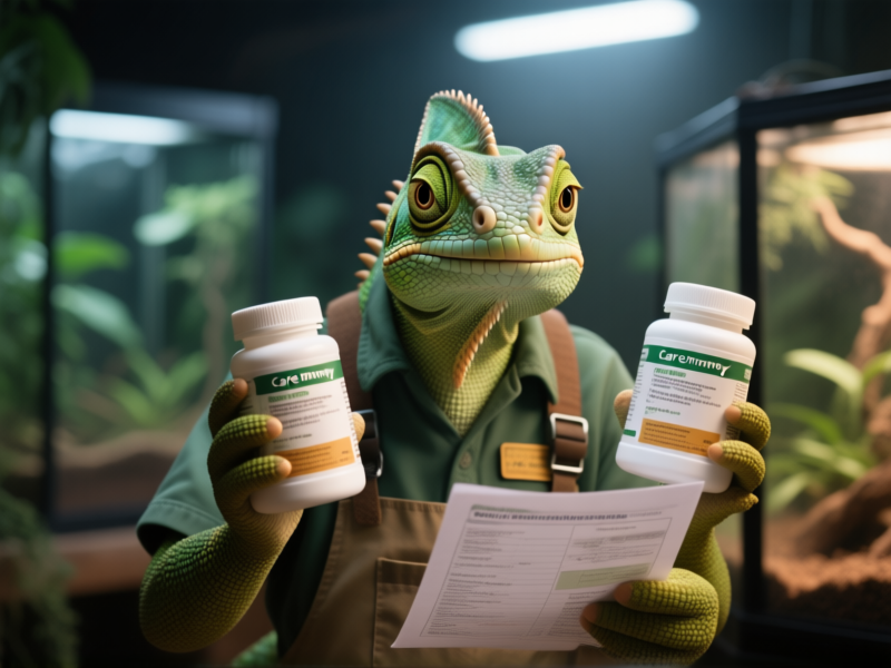 Midjourney prompt: A confused reptile keeper holding two identical-looking powder supplements, looking at a care sheet, soft focus background of a terrarium, cinematic lighting. --ar 16:9