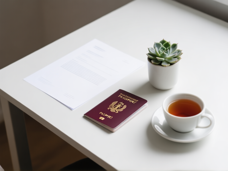An overhead shot of simple, clean documents and a passport on a desk, next to a succulent plant and a cup of Georgian tea. Clean, minimalist aesthetic. Sharp focus. Style: Modern flat lay photography.