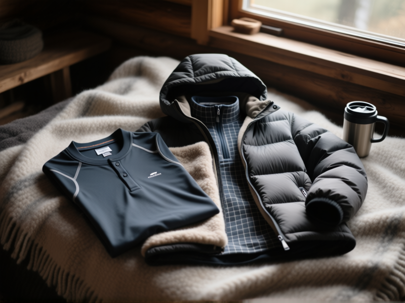 Midjourney prompt: Detailed product flat lay on a wool blanket. Technical base layer shirt, grid fleece mid-layer, and a puffy jacket with hood. Next to a travel mug. Moody, cozy, morning light in a cabin. --ar 16:9