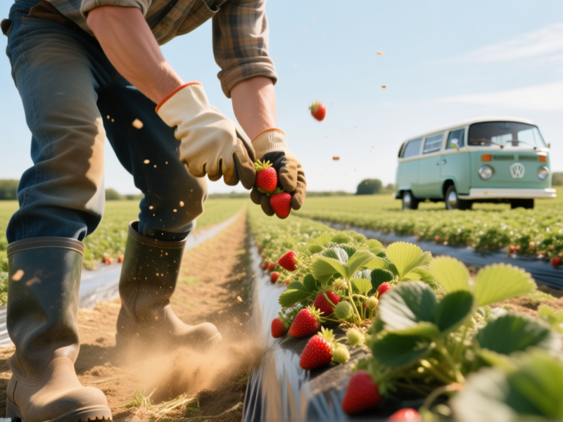 AI Image Prompt for Midjourney v6 / SDXL: A dynamic action shot of a person in work gloves and boots harvesting strawberries in a vast, sun-drenched field. A vintage van is parked at the edge of the row in the background. Cinematic, detailed, sense of hard work and satisfaction. Shot on 35mm film, vibrant colors, dust particles in the air. --ar 16:9