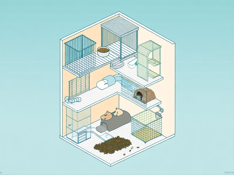 A conceptual 3D blueprint or cross-section illustration of a multi-level hamster cage. Platforms, ramps, and tubes create distinct 'floors': a bustling forage zone at the bottom, a cozy nest hideout in the middle, a high lookout platform on top. Clean, informative graphic design with soft colors, icons of food and bedding.