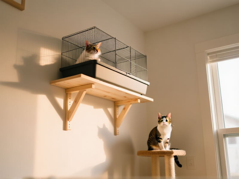 A clean, organized home corner with a large hamster tank on a sturdy high shelf, a cat tree nearby, shot from a low angle, warm ambient light, minimalist aesthetic, DSLR photography --ar 16:9