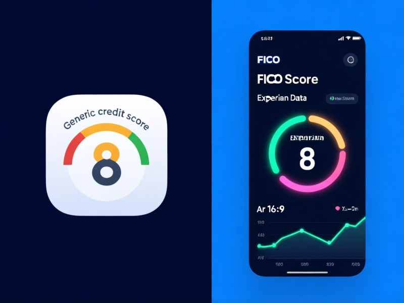 Split screen image: left side shows a confusing generic credit score app icon, right side shows a sleek dashboard with 'FICO Score 8' and 'Experian Data' clearly labeled, neon highlights on key data, minimalist UI --ar 16:9 --style raw