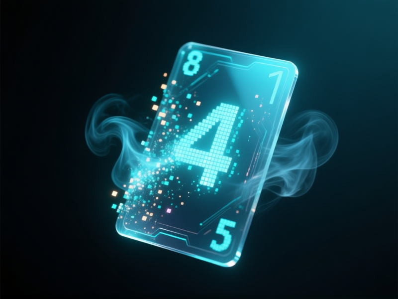 A beautiful, translucent digital card hovering against a dark background, its numbers flickering and dissolving into glowing pixels, concept art, cyberpunk aesthetics, digital smoke, sharp focus, intricate details, 8k