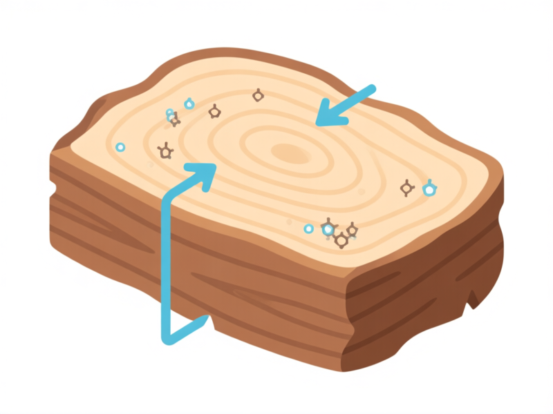 Informative, stylized infographic diagram cross-section of a piece of wood. Arrows point to the surface, showing tiny chemical deposits. Clean, vector art style on a white background. Aspect Ratio: 16:9.
