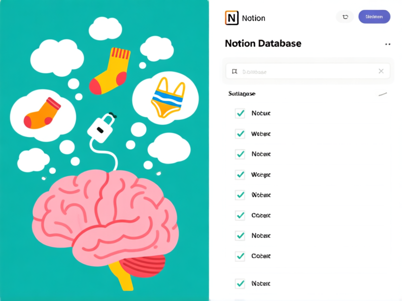 Split screen image. Left side: an illustrated brain with too many thought bubbles (socks, charger, swimsuit). Right side: a clean, minimalist UI of a Notion database with neat checkboxes. Illustration style, flat design, vibrant colors.