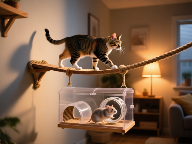 Stable Diffusion prompt: A dynamic action shot, a cat walking across a narrow, wall-mounted bridge made of rope and wood, below the bridge is a suspended, fully-enclosed acrylic hamster cage with tunnels, the hamster is visible running on a wheel, warm evening lamp light, cozy apartment setting, detailed fur texture, cinematic lighting, --ar 4:3
