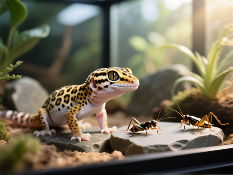 Midjourney prompt: A juvenile leopard gecko in a semi-naturalistic terrarium setup, alert and watching a few medium-sized crickets nearby. Morning light filtering through decor, detailed textures on slate and plants, photorealistic style, realistic reptile eye shine --ar 16:9