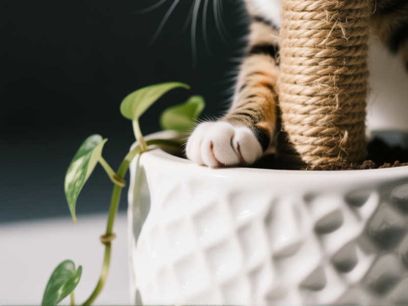 Detailed shot, macro photography style, of a textural white ceramic planter. A cat's paw gently rests on a sisal-wrapped climbing post that is seamlessly integrated into the planter's side. A trailing Pothos vine drapes nearby. Sharp focus, studio lighting. --style raw --ar 4:5