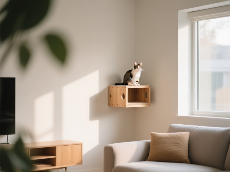 AI Image Prompt: A serene, well-lit corner of a modern living room with a minimalist wooden cat perch mounted high on the wall, empty and waiting. Soft focus, cozy afternoon light streaming in. Sense of calm and safety. --style raw --v 6.0