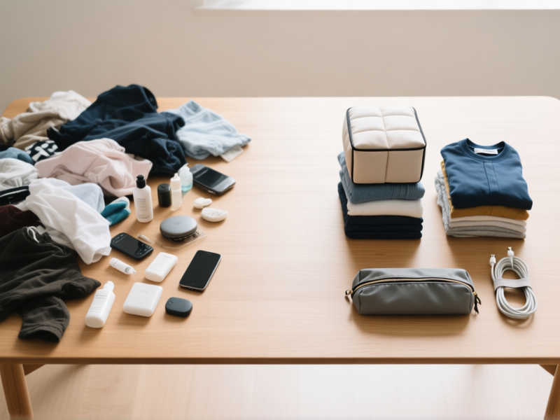 Minimalist flat lay from above on a wooden table. On one side: chaotic scatter of clothing, toiletries, and gadgets. On the other: neat, organized piles and kits (clothing cube, toiletry bag, cable wrap). Clean composition, soft daylight, high detail --ar 4:3
