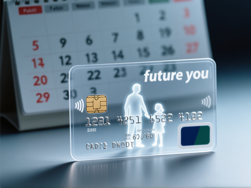 A detailed macro shot, visual metaphor. A transparent credit card is shown with tiny, ghostly figures of the parent and child inside, symbolizing 'future you'. Behind the card, a blurred calendar shows future dates. Conceptual, thought-provoking --ar 16:9