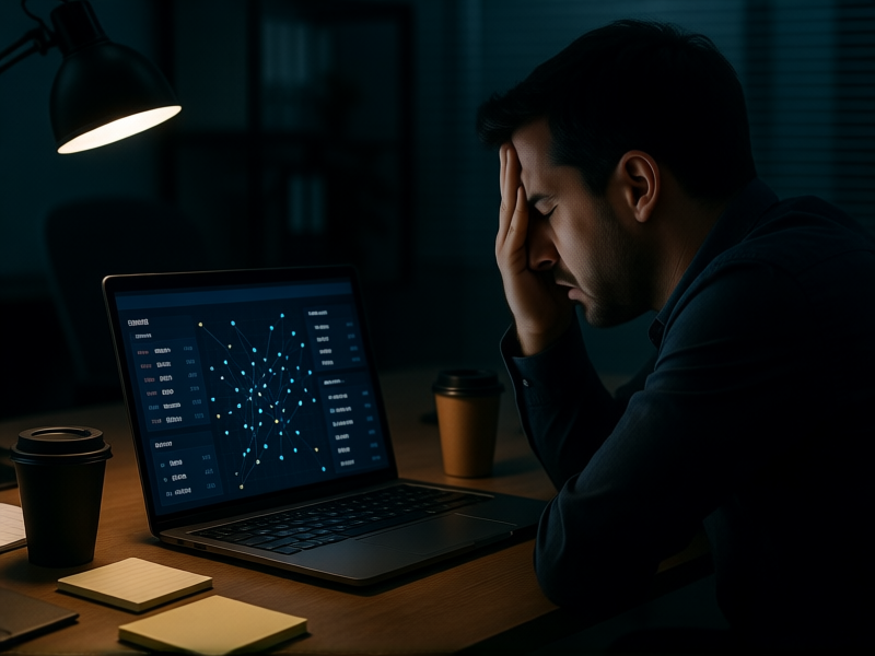 A person looking stressed at a laptop screen showing a complex points dashboard. A messy desk with coffee cups and notepads. Moody office lighting, realistic style.