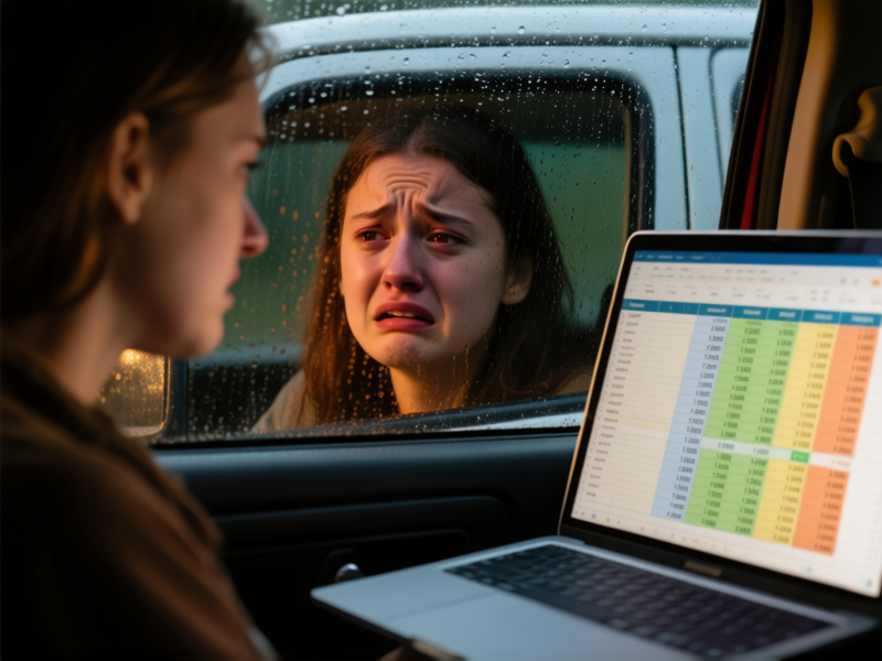 Close-up shot of a person's face reflected in a rainy van window, looking stressed. A spreadsheet with tight budget numbers is visible on a laptop screen next to them. Warm, anxious mood. --ar 16:9