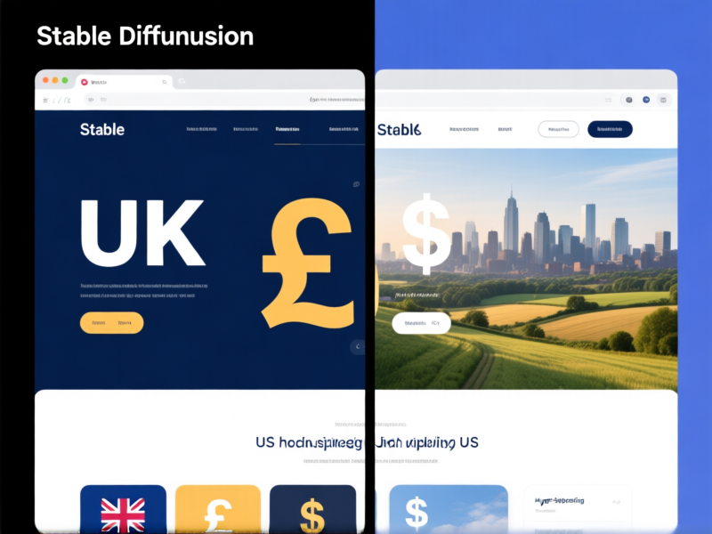 Stable Diffusion prompt: A split-screen image. Left side shows a website with UK spelling and pounds sterling symbols. Right side shows the same site layout but with US spelling, dollar signs, and imagery of a city skyline instead of countryside. Hyper-detailed, clean UI/UX design.