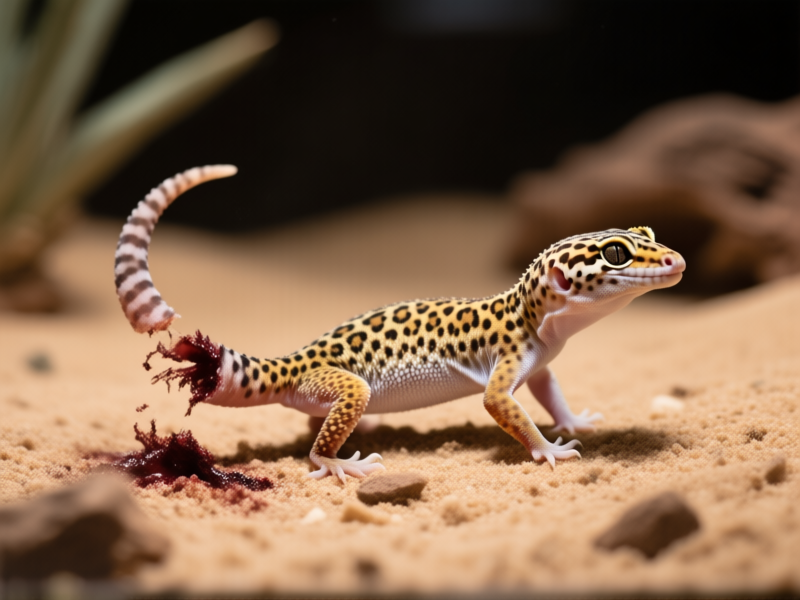 A leopard gecko in mid-movement, its tail cleanly detached and lying still on a desert-style terrarium substrate. The gecko's body is turned, looking alert. The scene is dramatic but not gory, shot with a professional macro lens, photorealistic, high detail. --ar 16:9
