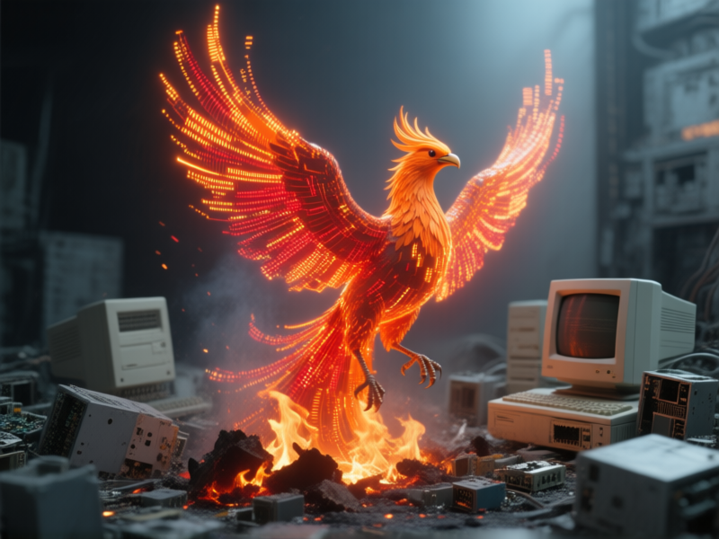 AI Image Prompt: A vibrant phoenix bird rising from the ashes of old gray computer parts. The phoenix is made of glowing, digital orange and red data streams. --ar 16:9