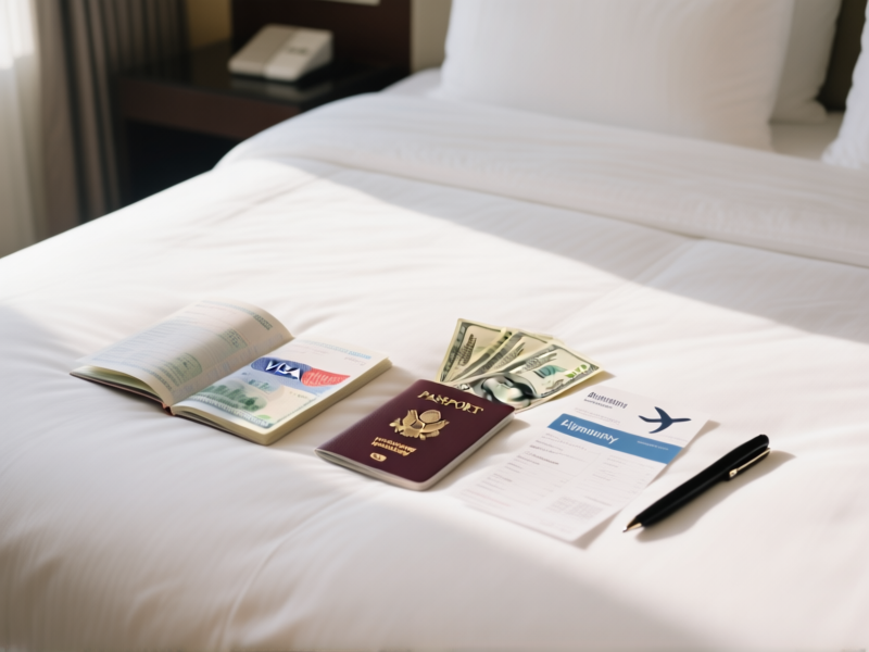 Midjourney Prompt: A clean, minimalist flat-lay on a hotel bedspread. A passport open to a visa page, crisp USD and local currency notes, a printed flight itinerary, and a black pen. Soft morning light, clean composition.
