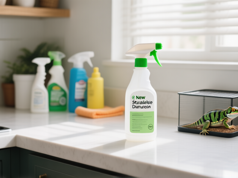 Stable Diffusion prompt: A clean, well-lit countertop with essential reptile cleaning supplies arranged neatly: a new, clean spray bottle labeled 
