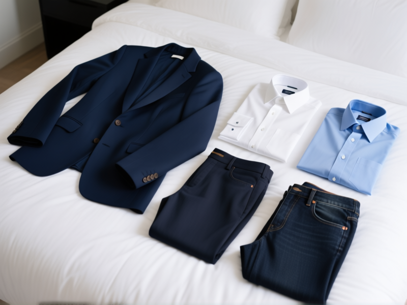 Stable Diffusion prompt: A minimalist travel capsule wardrobe laid out on a bed. One navy blazer, two tailored dress shirts (one white, one blue), one pair of dark tailored trousers, one pair of smart dark jeans. All fabrics are non-wrinkle. The aesthetic is clean, organized, and highly versatile. --ar 16:9 --v 5.2