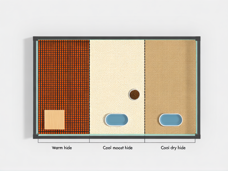 A professional top-down diagram of a perfect 10-gallon leopard gecko hatchling setup. Shows three distinct zones: a warm hide on the left over a heat mat, a cool moist hide in the middle, and a cool dry hide on the right. Small, shallow food and water dishes. Clean, minimalist layout. --style raw --ar 16:9