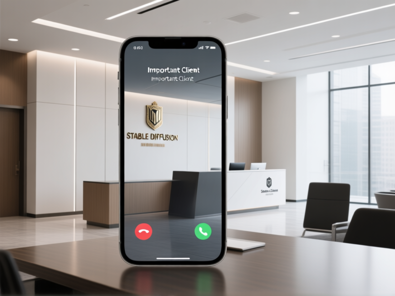 PROMPT for Stable Diffusion: A sleek, minimalist virtual office lobby, viewed through a smartphone screen. The lobby has a prestigious address plaque on the wall, a modern reception desk, and clean branding. The phone on the desk shows an incoming call from 'Important Client'. Photorealistic, clean lines, corporate aesthetic, sharp focus. --ar 16:9