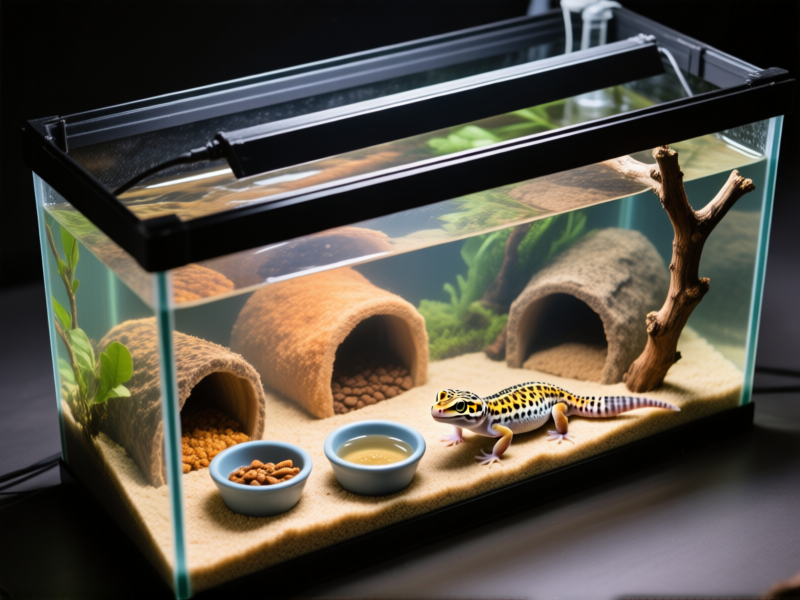 A perfectly set up 20-gallon long tank for a single leopard gecko, showing three distinct hides (warm, cool, moist), food/water bowls, and a climbing branch, top-down detailed view, studio lighting --ar 16:9