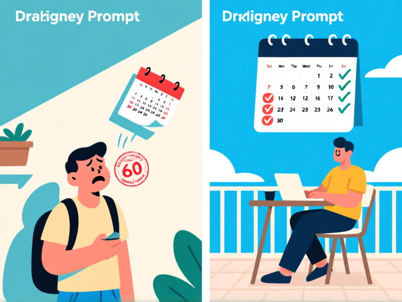 Midjourney Prompt: A clear split-image infographic poster. Left side shows a tourist with a single-entry stamp, looking stressed as a calendar flies off a wall at day 60. Right side shows a relaxed individual working on a terrace, a calendar showing months with checkmarks. Clean, minimalist, illustrative style.