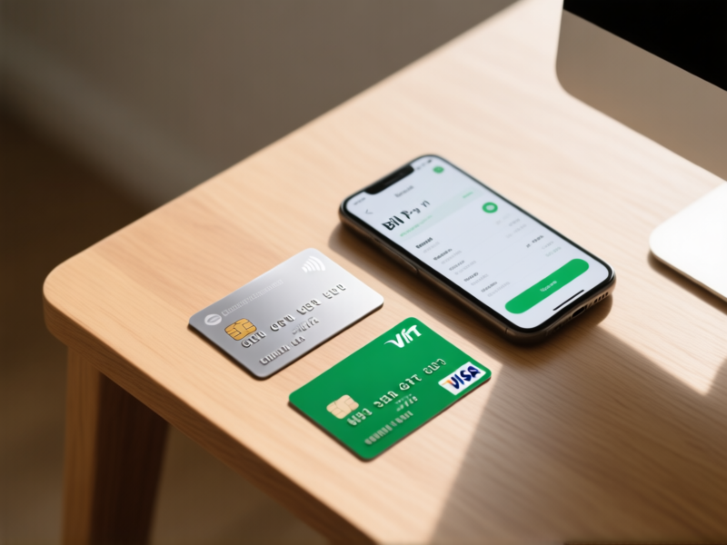 Stable Diffusion prompt: A clean, minimalist flat lay photograph on a wooden desk. A sleek silver credit card, a green Visa gift card, and a phone showing a bill pay app screen are neatly arranged. Soft shadows, high detail, shallow depth of field. Style: modern financial blog.