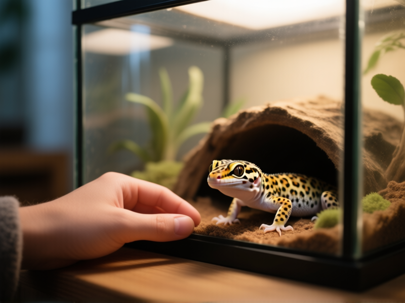 Midjourney prompt: A person's hand resting calmly outside a glass terrarium, a curious leopard gecko peeking from a hide, ambient room light, shallow depth of field, realistic