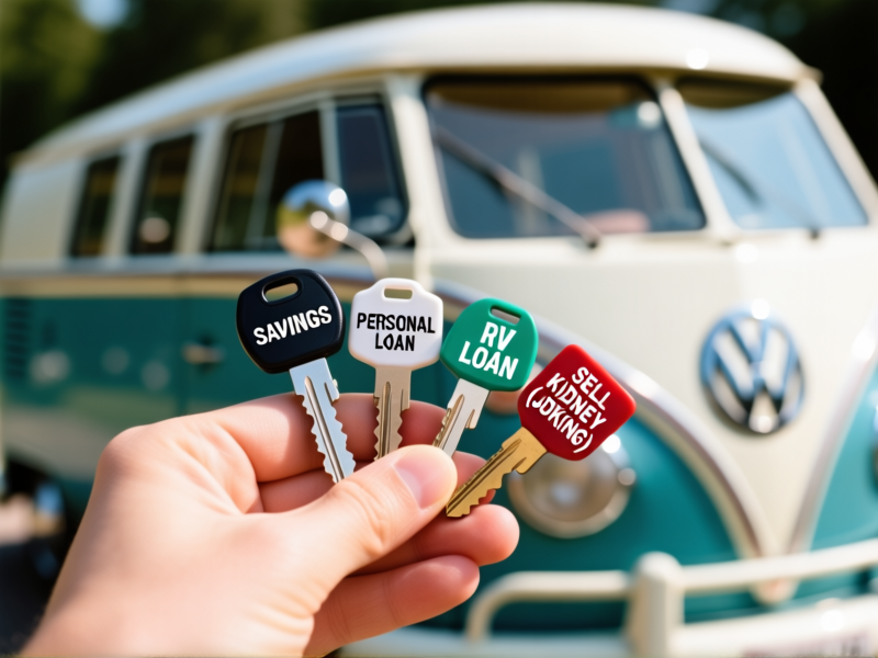 A hand holding four different, clearly labeled keys against a blurred background of a vintage Volkswagen van. One key is labeled 'SAVINGS', one 'PERSONAL LOAN', one 'RV LOAN', and one 'SELL KIDNEY (JOKING)'. The style is a bright, clear, shallow-depth-of-field product photo with a touch of whimsy.