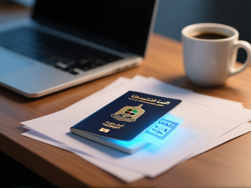 Midjourney prompt: Clean, minimalist close-up of a UAE passport with a visa stamp that glows faintly blue, stylized paperwork with a laptop and coffee mug in soft focus on a wooden desk, cinematic lighting, hyper-detailed --ar 4:3