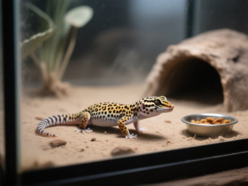 Midjourney prompt: A single leopard gecko in a sparse-looking reptile tank with only a food dish and a single hide. The air appears dry and dusty. Side view, photorealistic, somber mood, shallow depth of field.