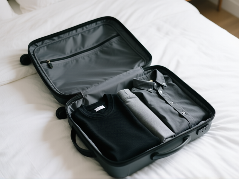 A minimalist travel backpack open on a bed, containing only three items of clothing: a black merino wool t-shirt, grey leggings, and a charcoal button-down. Clean, organized, aspirational travel shot, natural light, sharp focus --ar 16:9